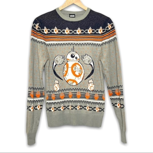 STAR WARS Fair Isle Knit BB-8 Millennium Falcon Rebel Holiday Sweater Grey Sz S - Picture 2 of 5